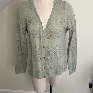 Frye Sage Green Openwork Scalloped V-Neck Button Cardigan Beach Cruise Resort